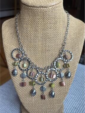 Silver Tone Circle Dangle Necklace Multicolor Beads Statement